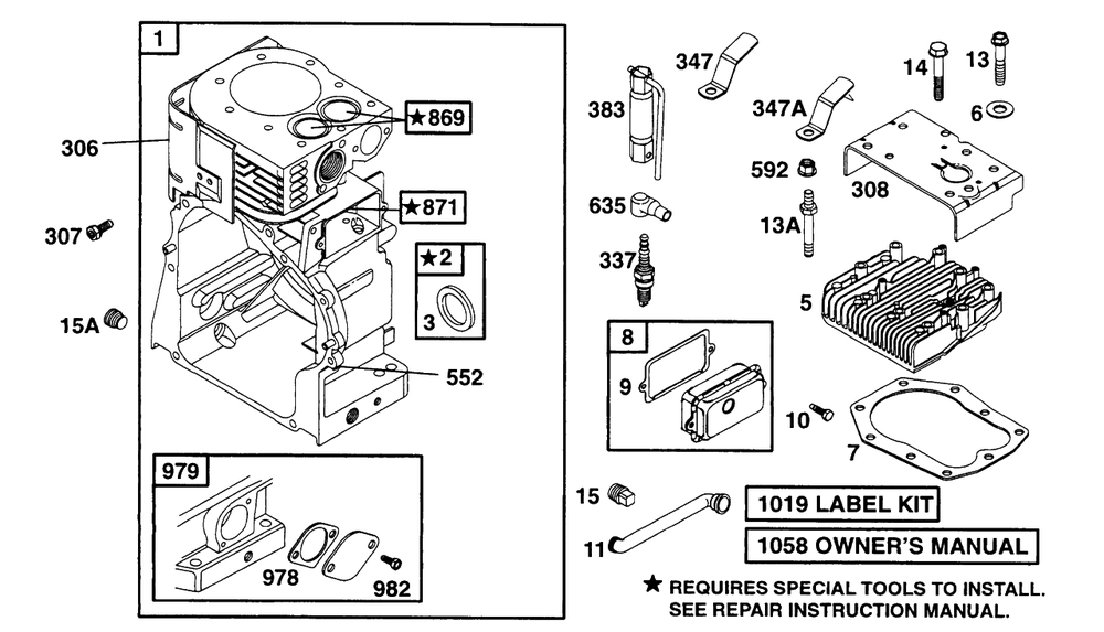 Cylinder, Head Diagram and Parts List for 190412-6130-XX  Briggs and Stratton Engine